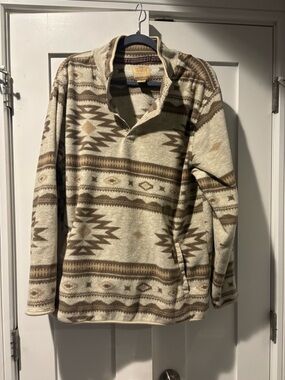 Men's Zip-Up Fleece Sweater Jacket - Cream & Brown Pattern